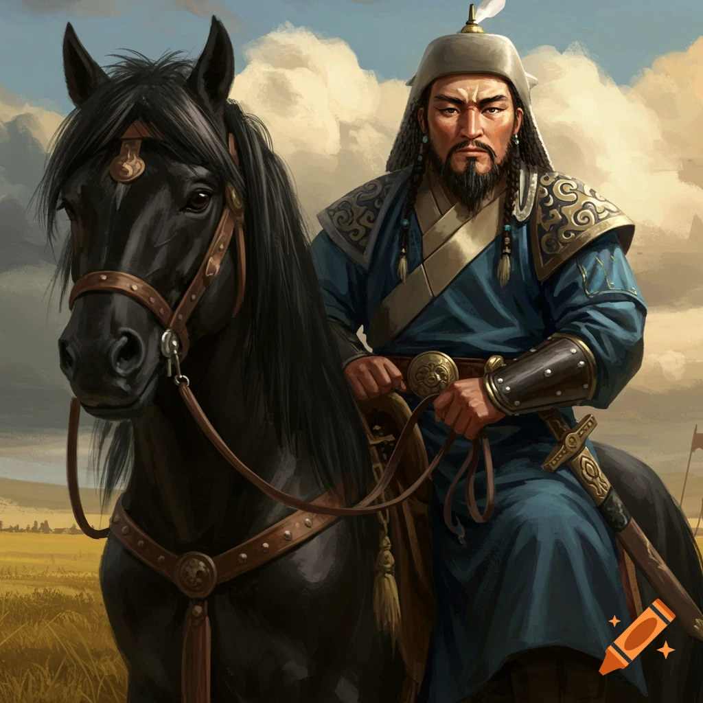 A historical figure riding a black horse