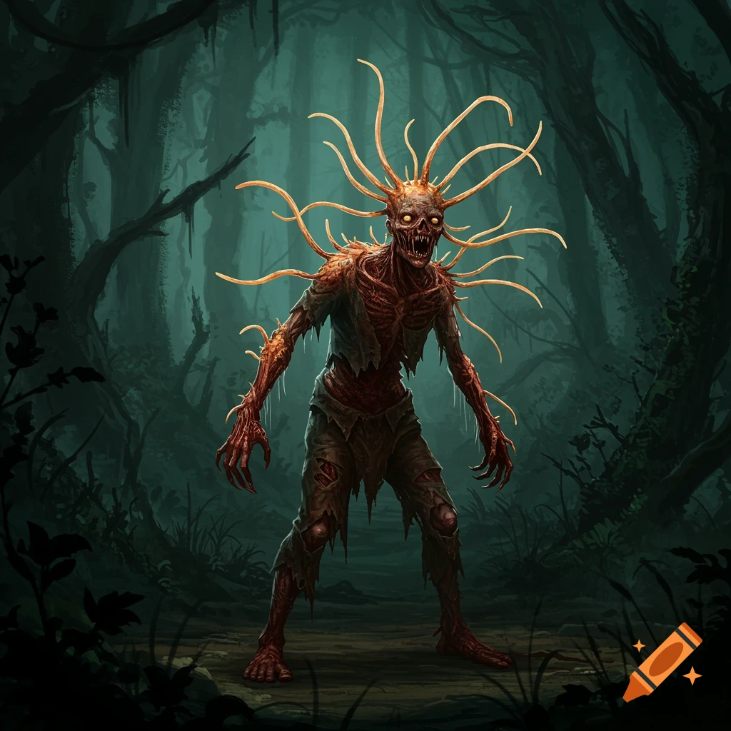 A fungal zombie in a dark forest.