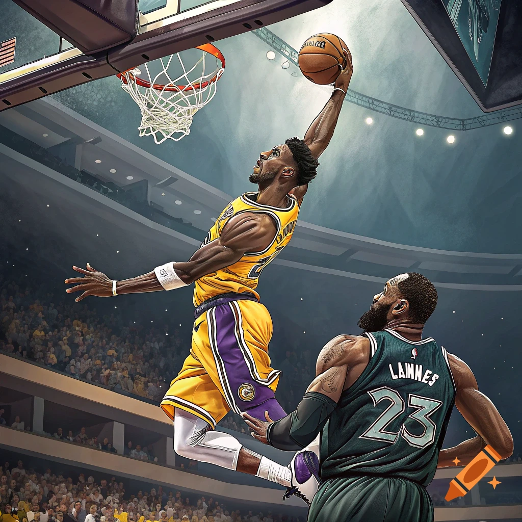 Illustration of a basketball player in a yellow jersey dunking over a defender in a teal jersey in an arena.