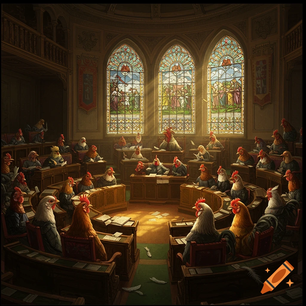 Anthropomorphic chickens in suits sit at desks in a legislative chamber.