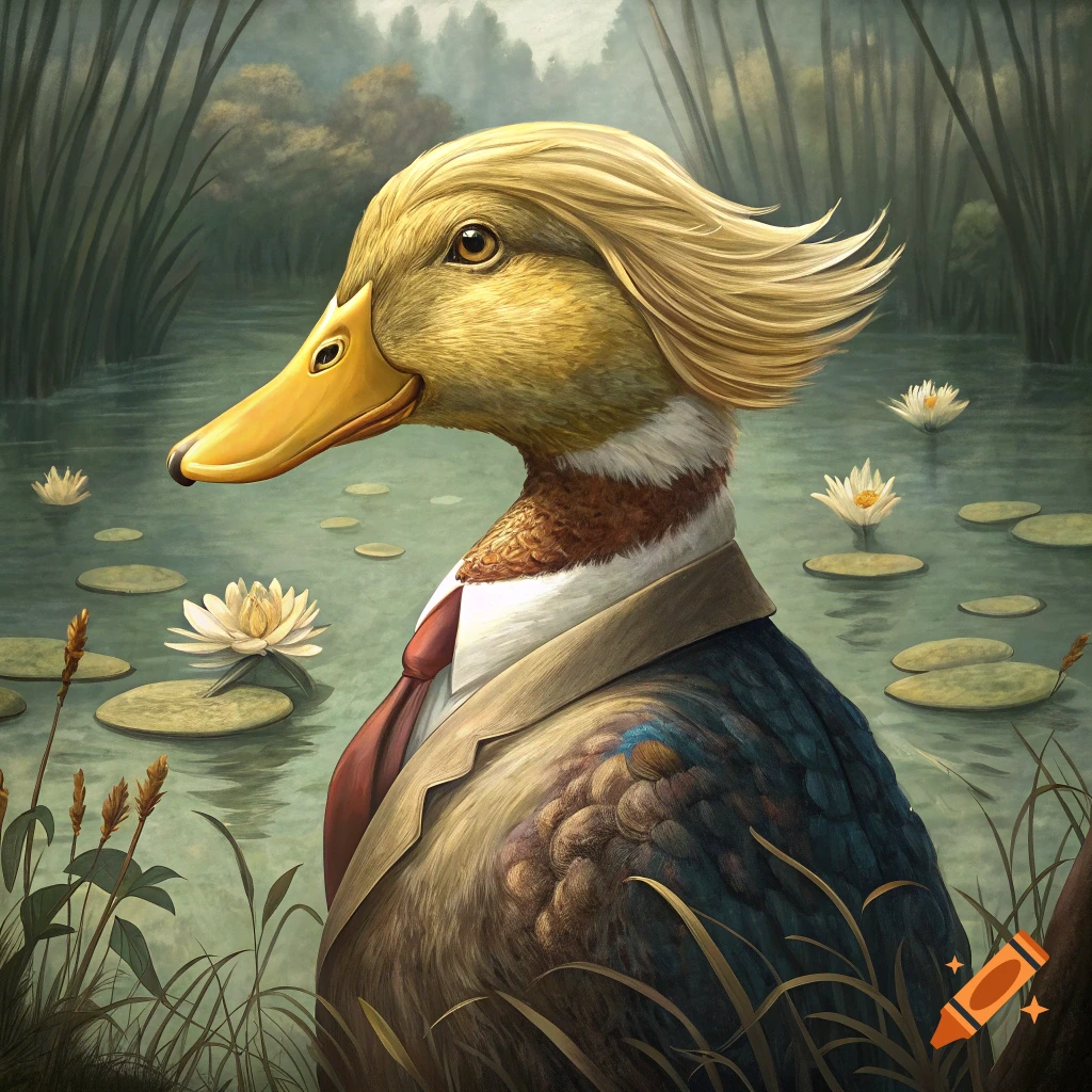 A mallard duck with blonde hair wearing a suit and tie stands in a pond with lily pads.