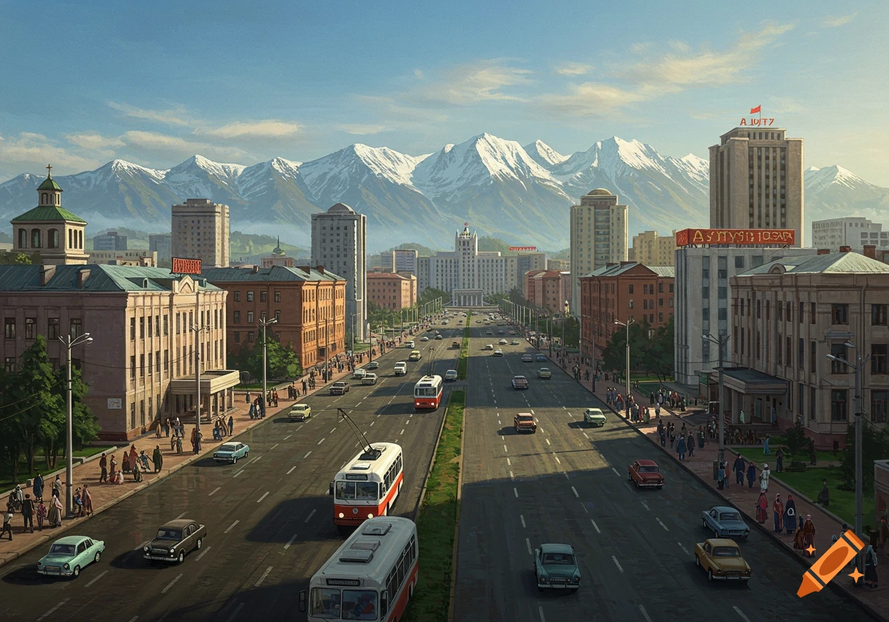 A busy city street with mountains in the background, featuring USSR era vehicles and pedestrians.