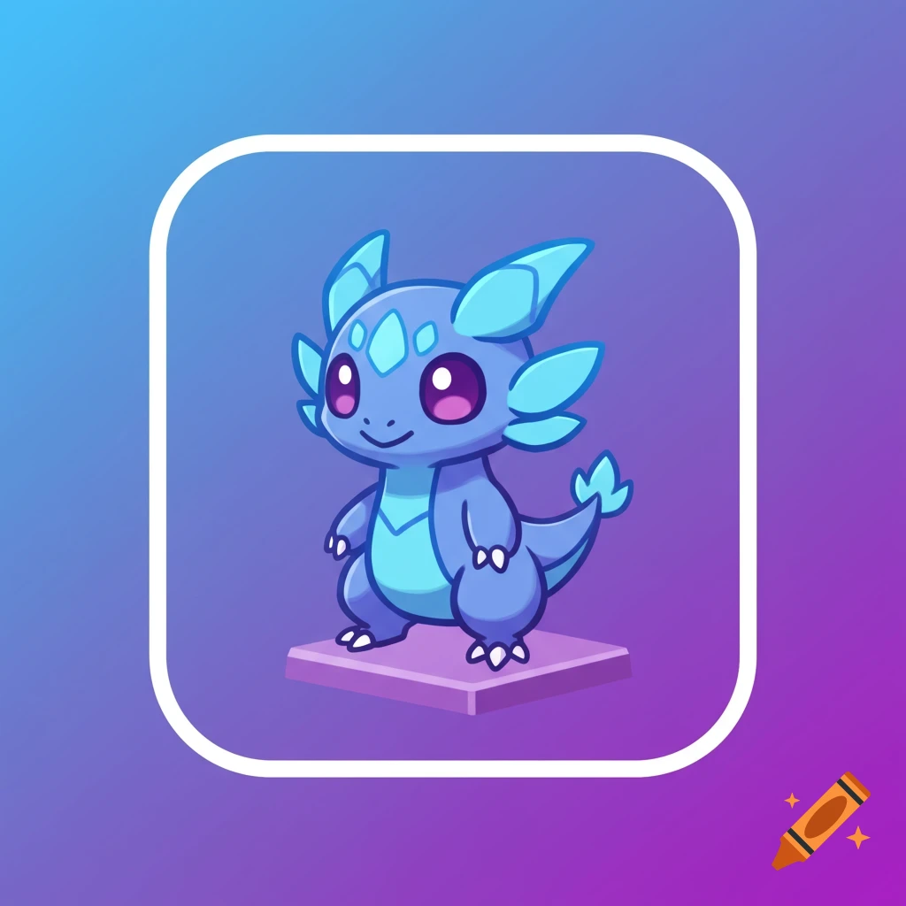 A cute blue cartoon dragon character stands on a purple platform inside a rounded square frame against a gradient background.