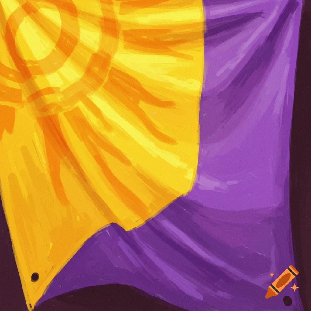 A yellow and purple banner with a radiating sun pattern on the yellow side.