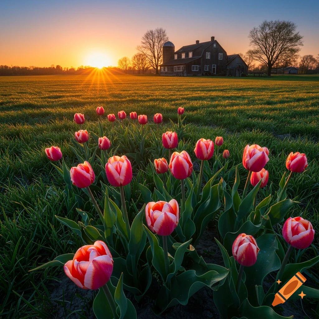 Pink and white tulips in a field with a farmhouse in the distance under a sunset.