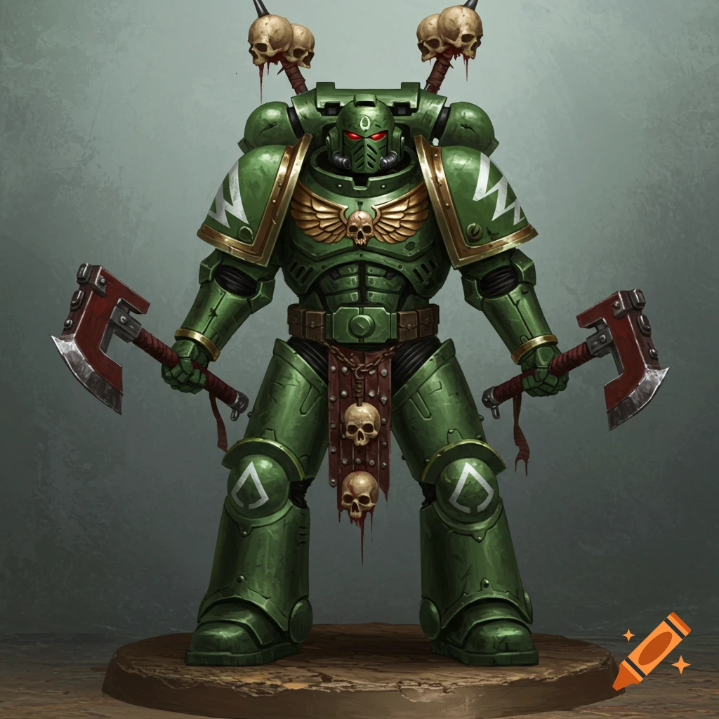 A green and gold space marine stands with two axes and skull trophies.