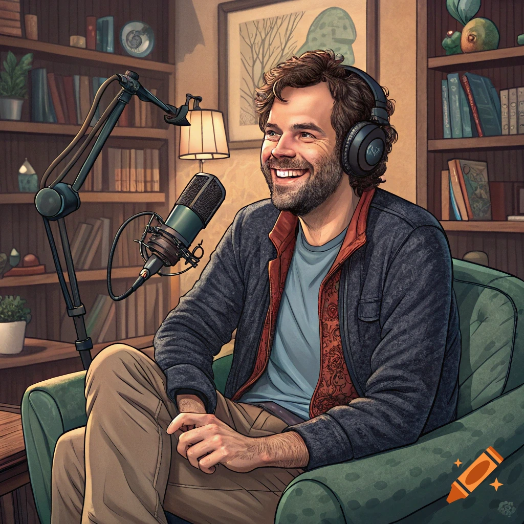 Illustrated portrait of a man wearing headphones and talking into a podcast microphone in a room with bookshelves.