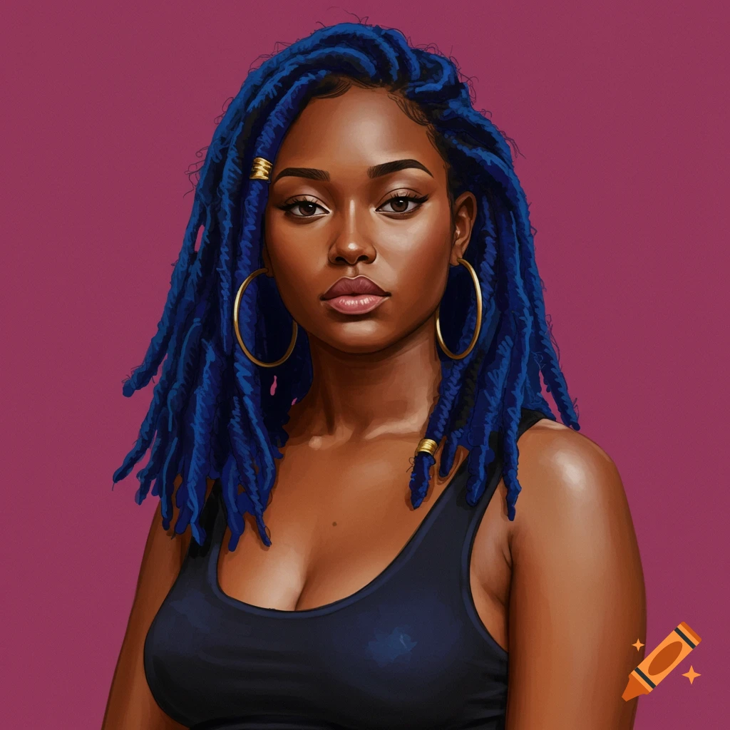 Portrait of a Black woman with blue locs, gold hoop earrings, and a black tank top on a magenta background.