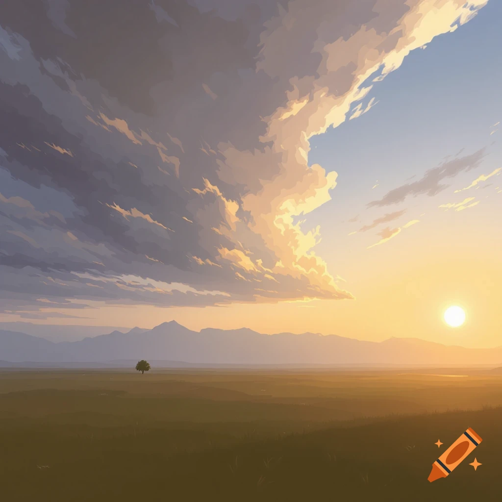 A vast field with a single tree stretches towards mountains in the distance, under a dramatic sunset sky.