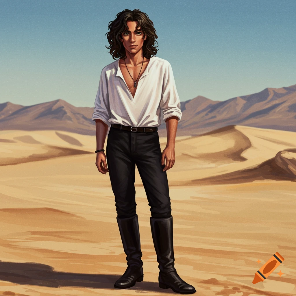 A young man with long dark hair, white shirt, black pants, and boots stands in a desert landscape.