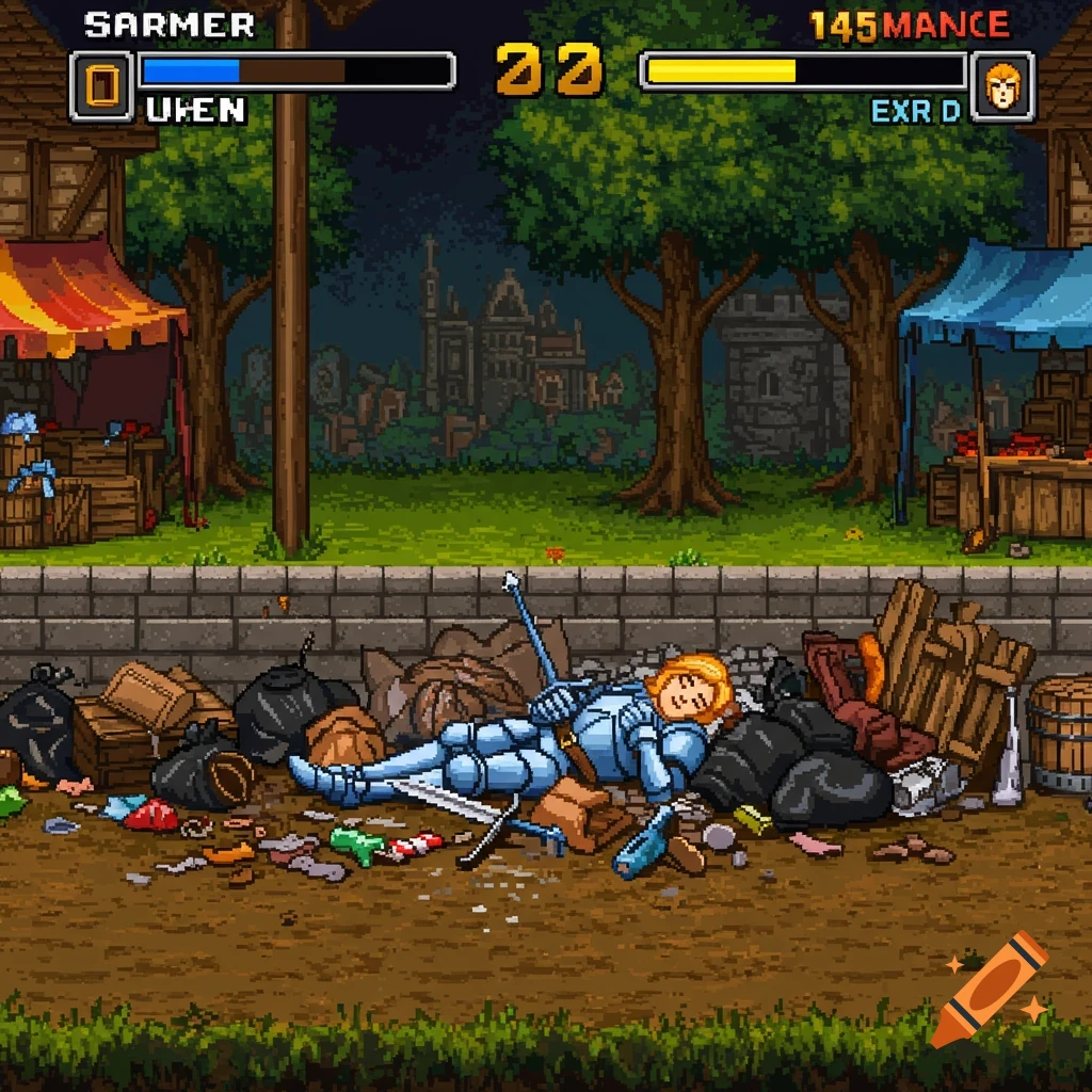 Pixel art fighting game screenshot showing a knight sleeping in trash.