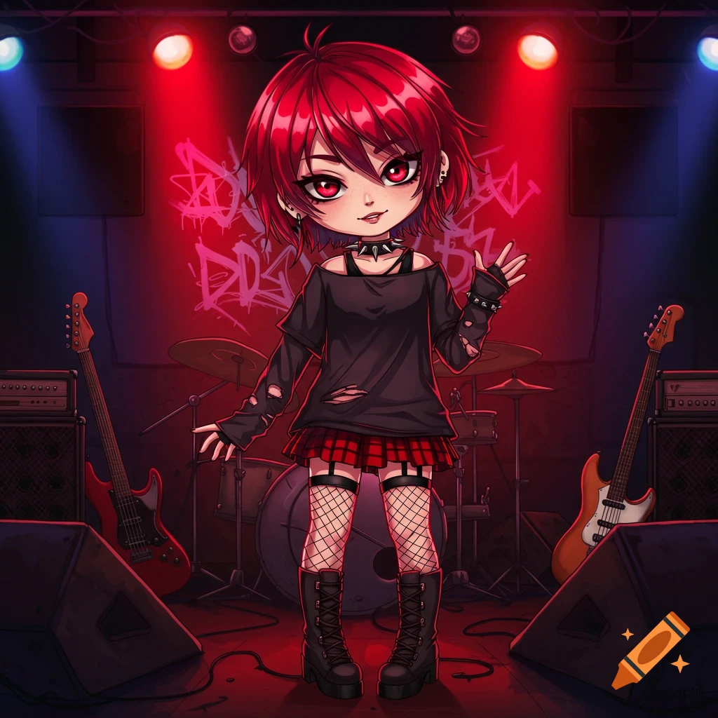 Chibi anime girl with red hair in punk clothes on a concert stage.