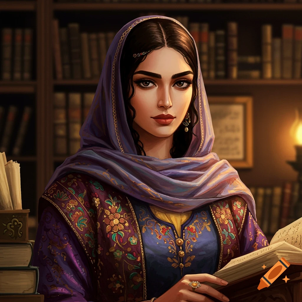 A woman in traditional clothing is reading a book in a library.