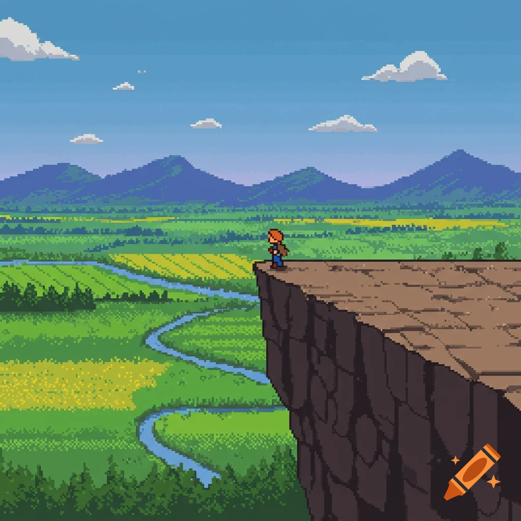 Pixel art of a person standing on a cliff edge overlooking a green valley, river, and mountains.