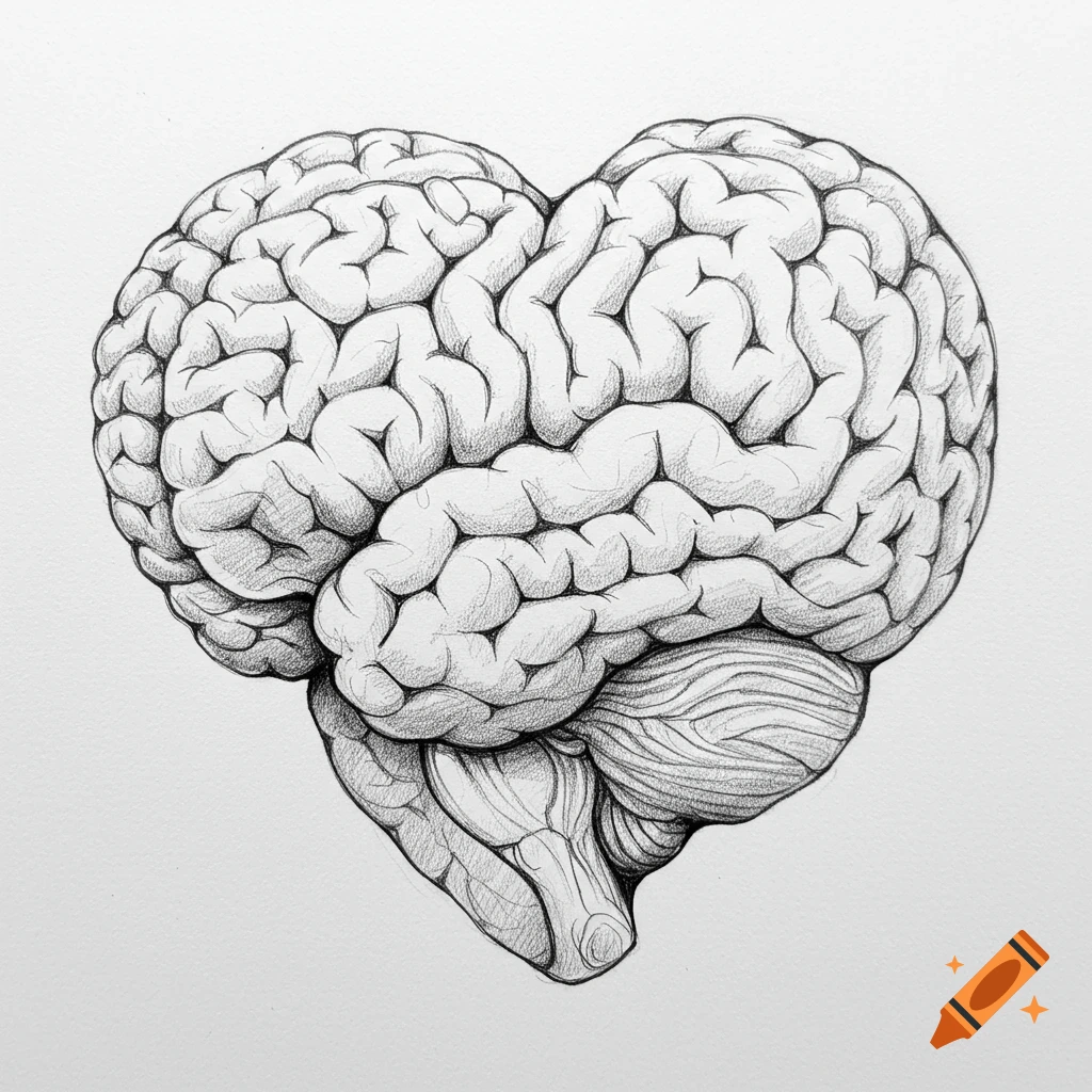 Black and white sketch of a human brain shaped like a heart.