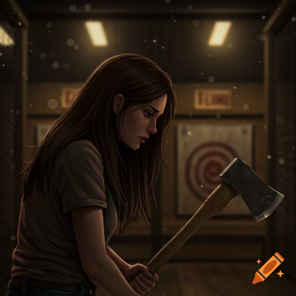 A sad woman holds an axe in an axe throwing range.