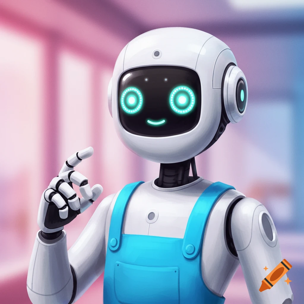 A friendly white robot character wearing blue overalls points a finger. Digital illustration.