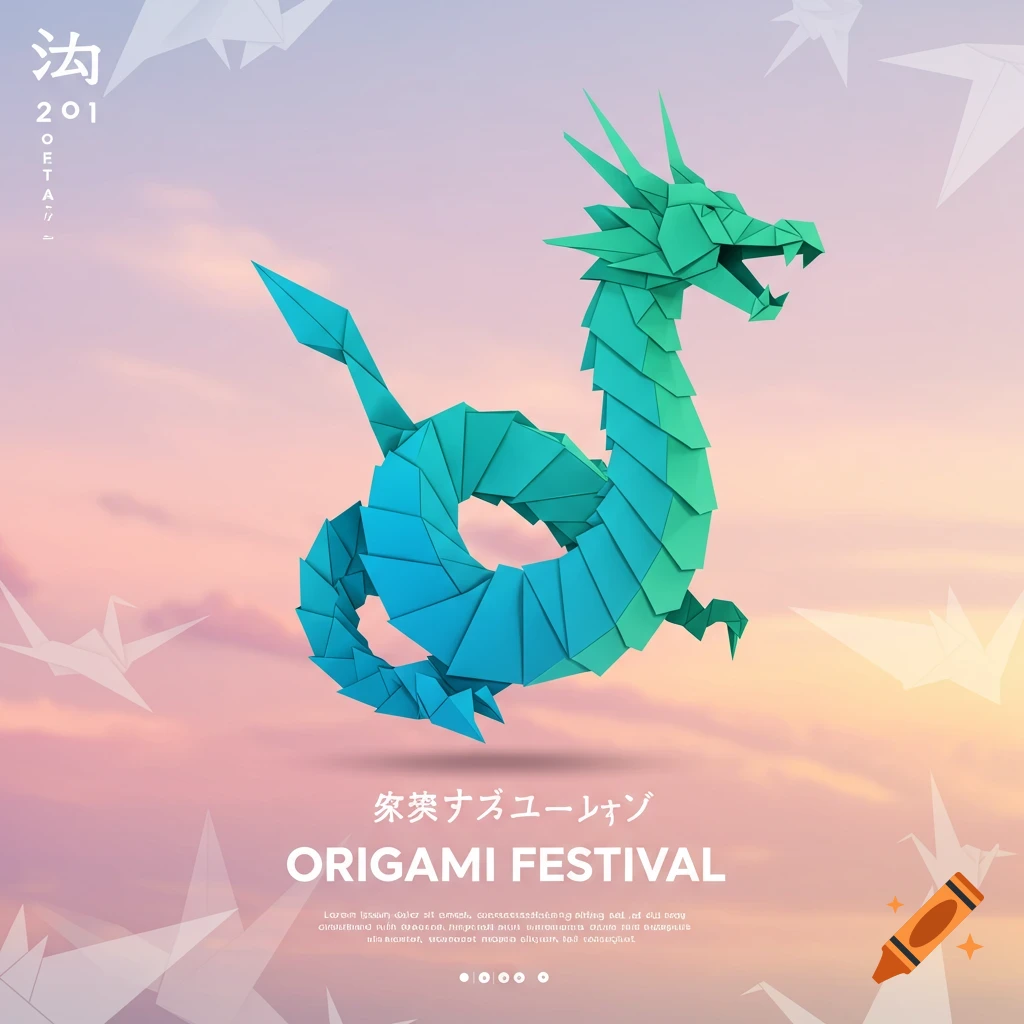 Poster with a blue and green origami dragon.