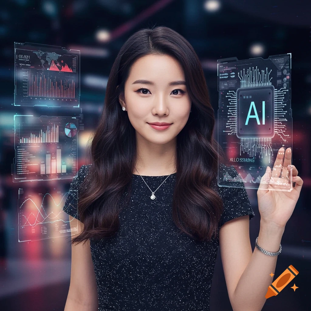 A woman interacting with holographic AI displays and data visualizations.