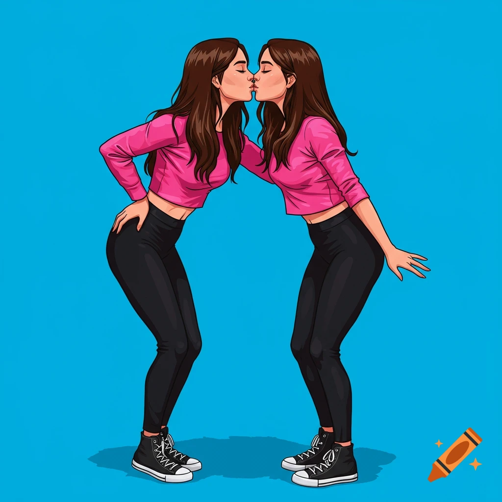 A digital illustration of two women with long brown hair kissing against a blue background.