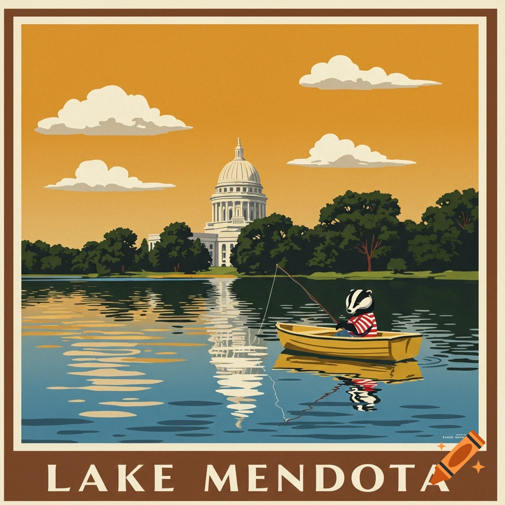Vintage travel poster of a badger fishing in a boat on Lake Mendota, with the Wisconsin State Capitol in the background.