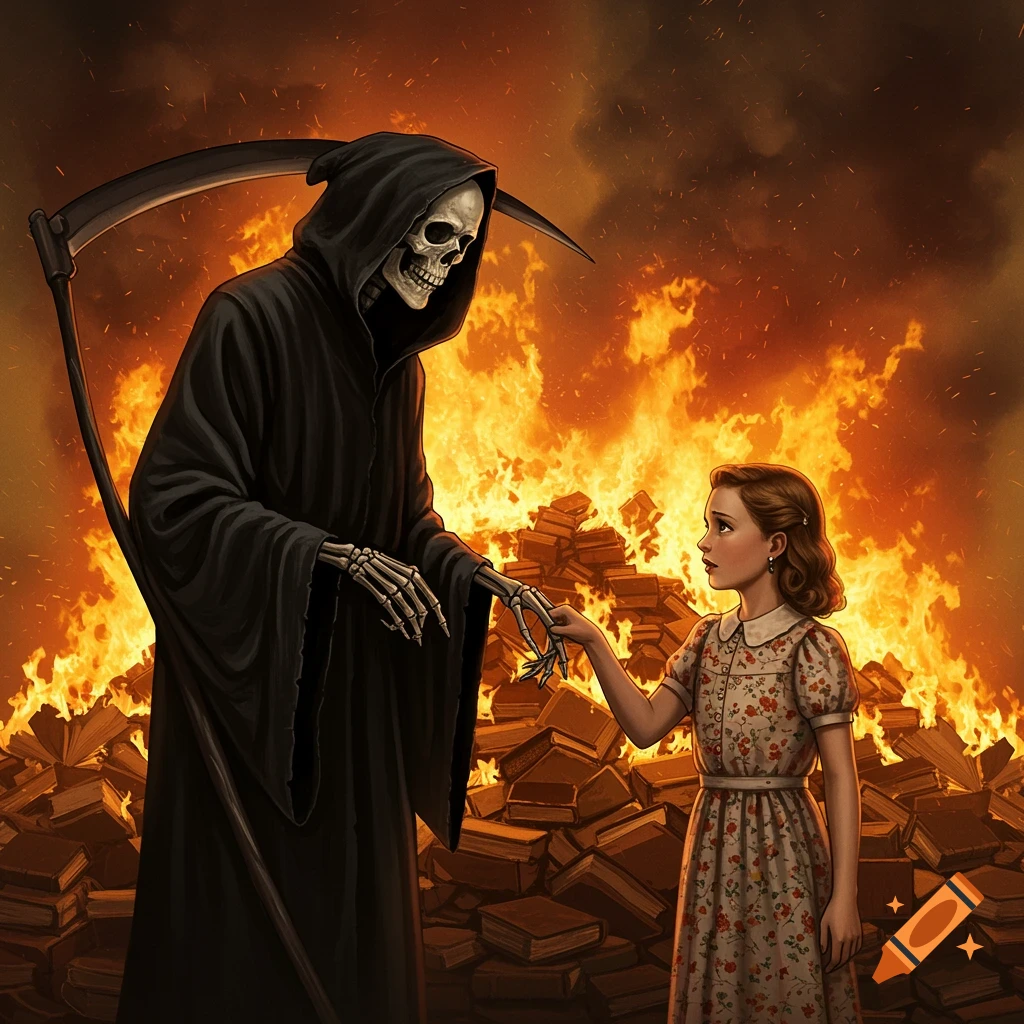 The Grim Reaper holds hands with a young girl against a backdrop of burning books.