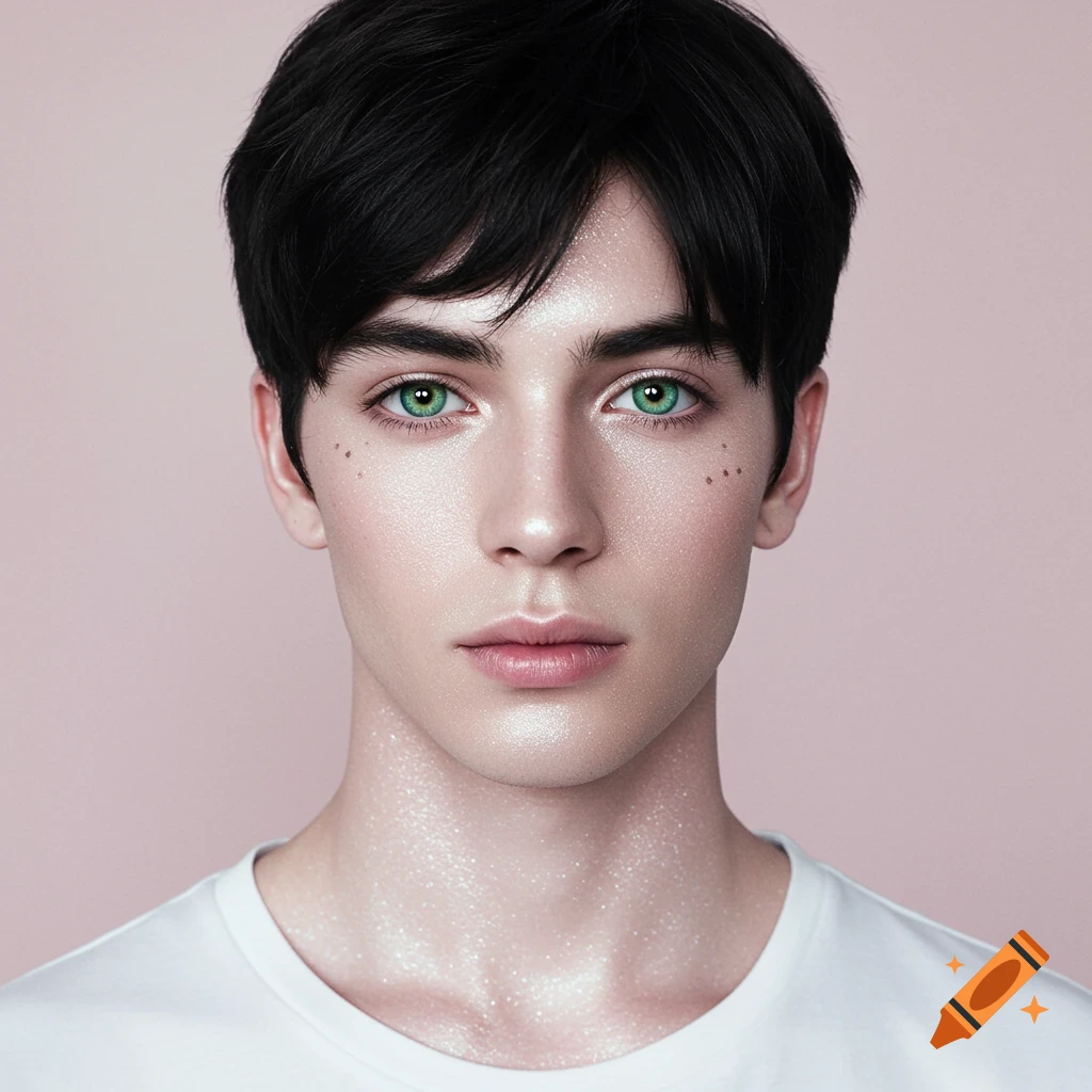 A close-up photo of a young man with bright green eyes, short black hair, and shimmering pale skin.