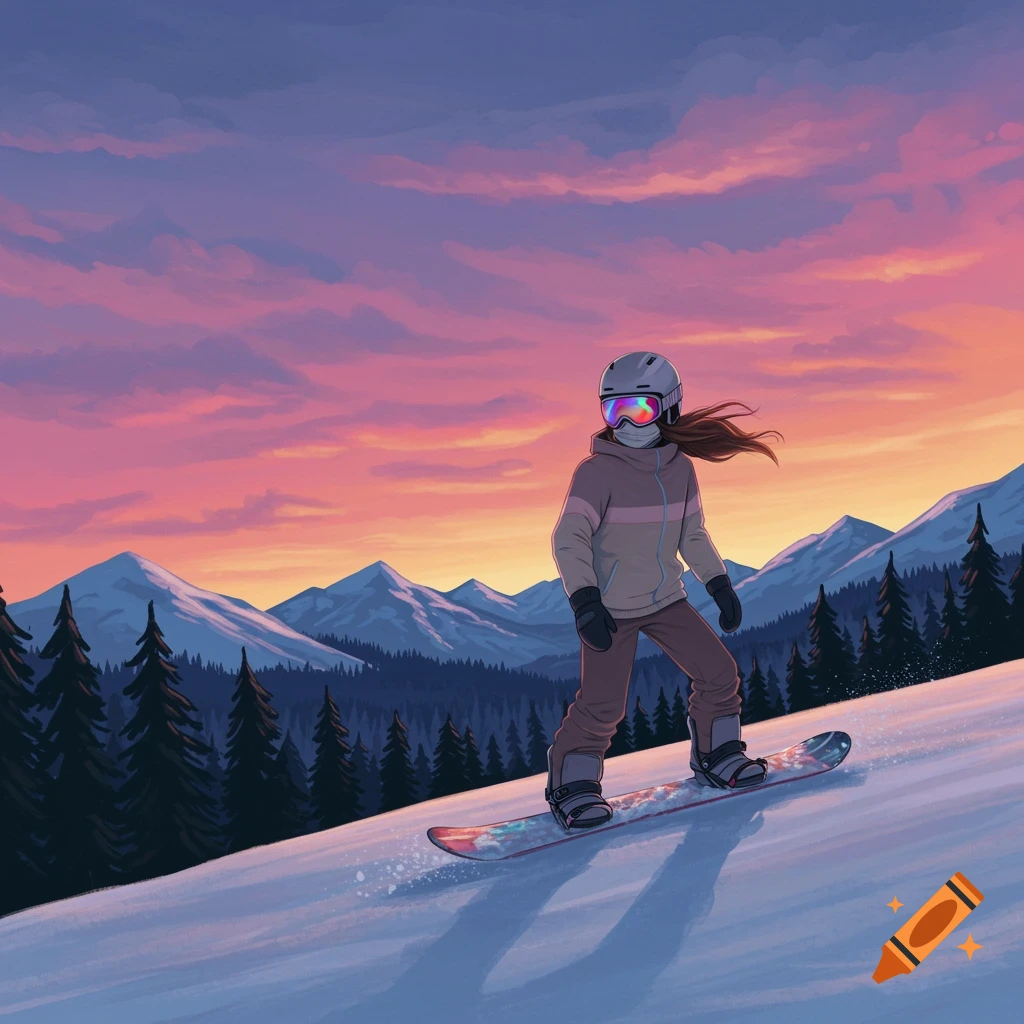A snowboarder rides down a snowy mountain slope at sunset.