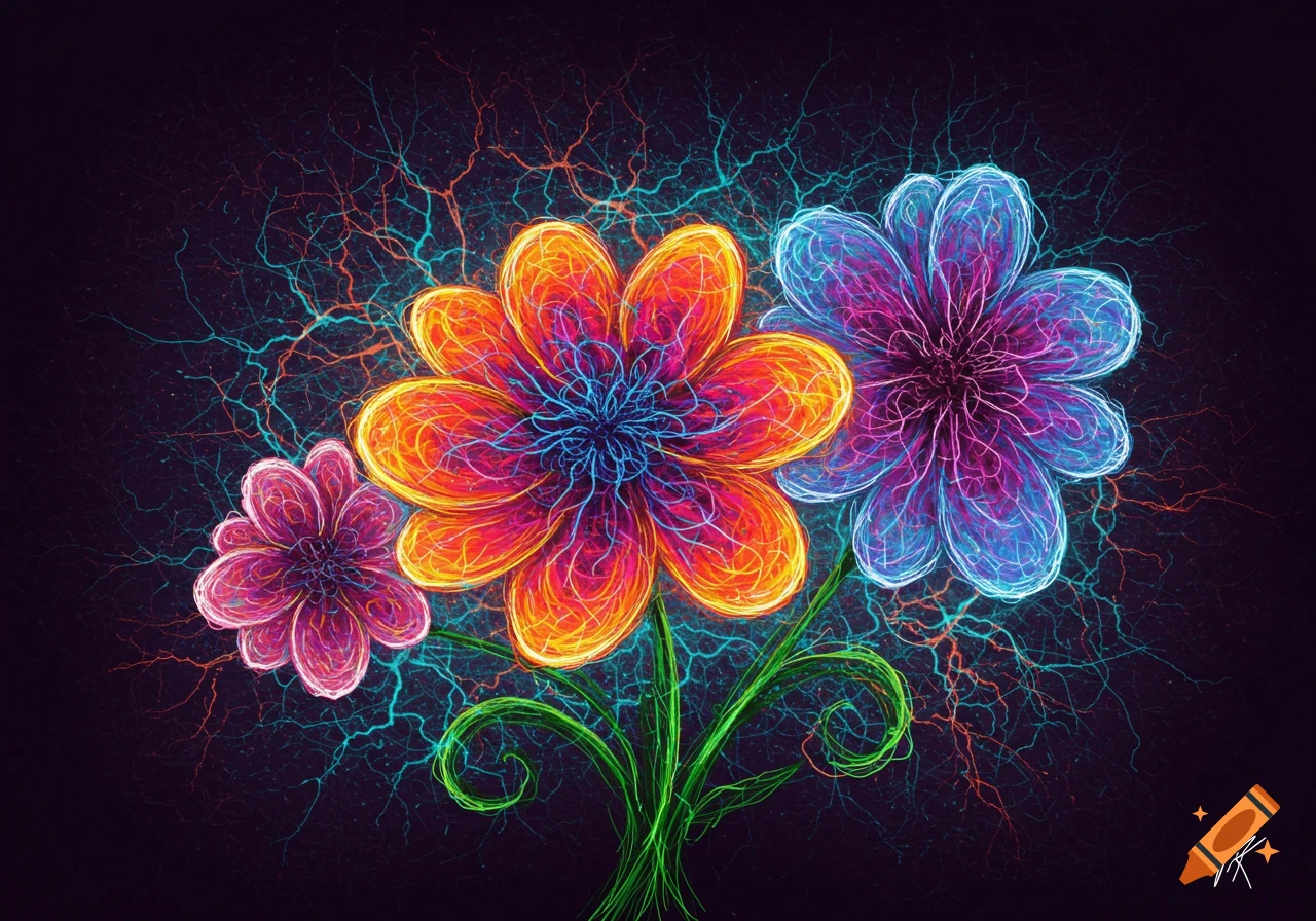 Abstract colorful flowers with neural pathway and electricity effects on a dark background.