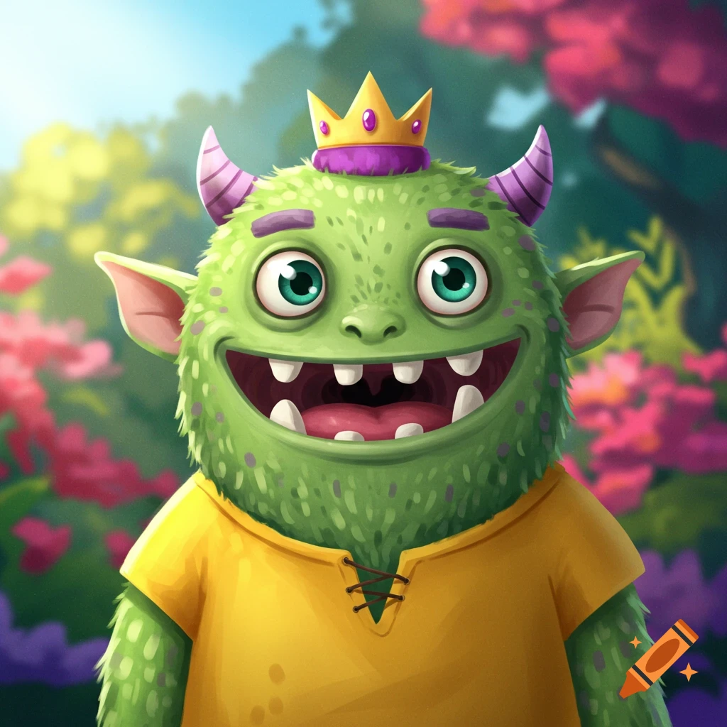 A cartoon green monster with horns and a crown smiles in a vibrant garden.
