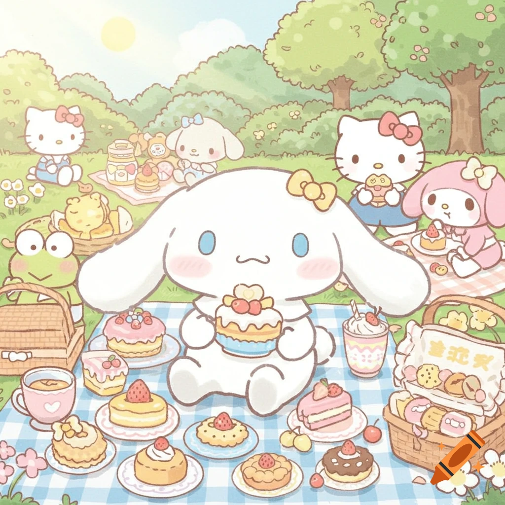 Sanrio characters including Cinnamoroll, Hello Kitty, My Melody, and Keroppi are having a picnic with many pastries in a cute cartoon style.