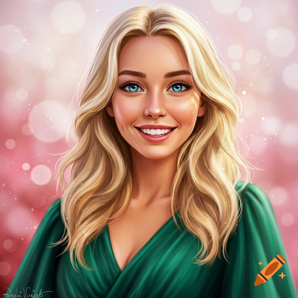 A smiling blonde woman with blue eyes in a green dress