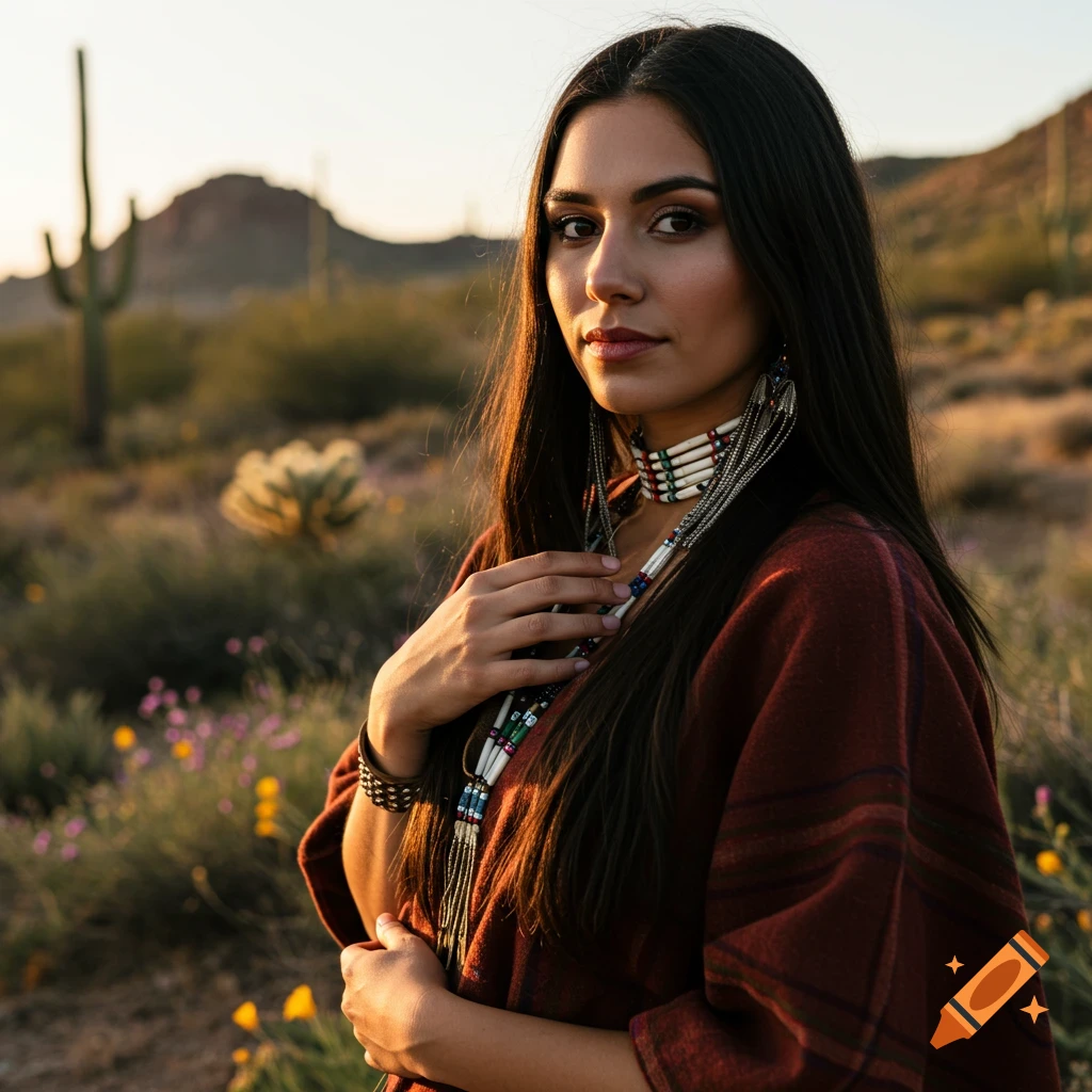A woman in a red poncho and beaded jewelry stands in a desert landscape with cacti at sunset.