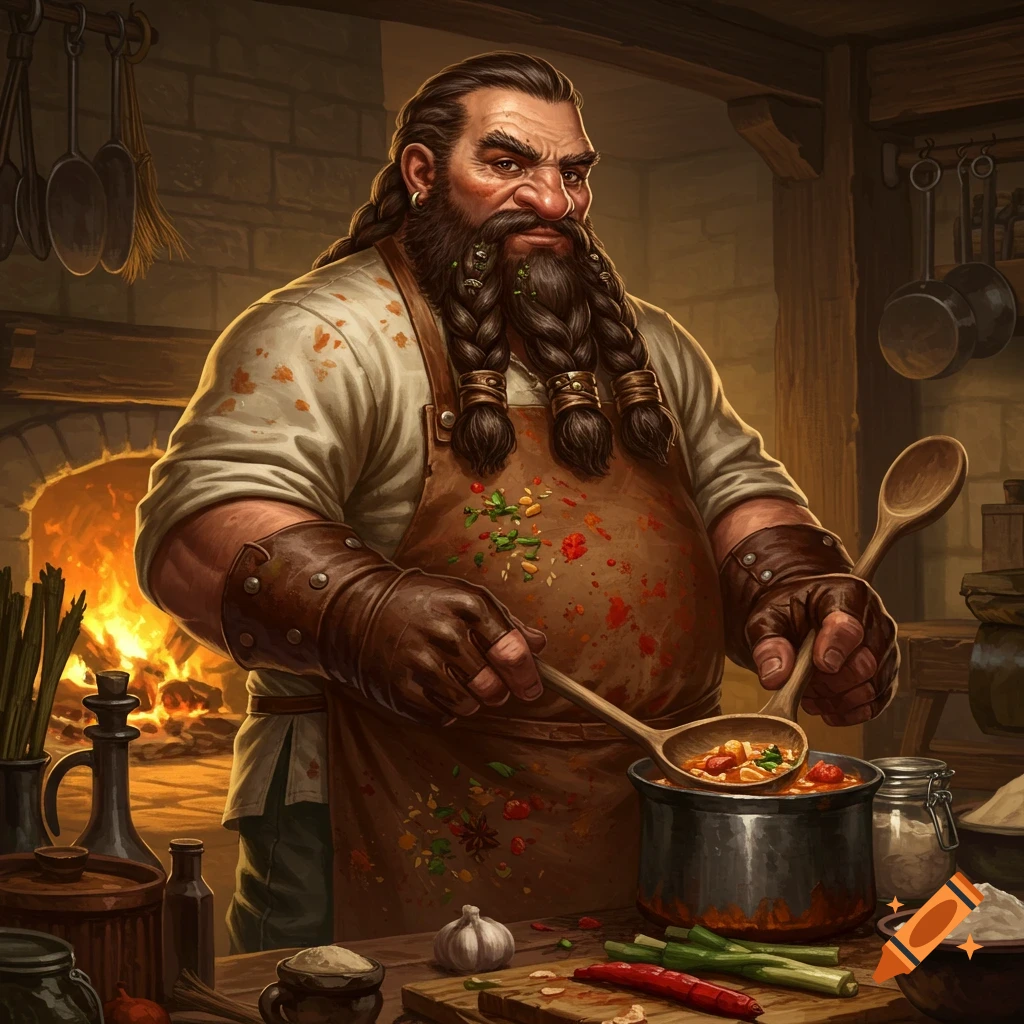 Painting of a dwarf cook stirring a pot in a kitchen