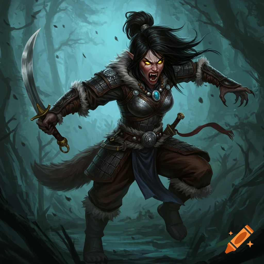 A female werewolf warrior in armor is holding a curved sword in a forest.
