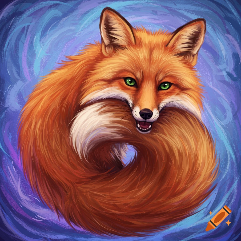 An orange fox bites its tail against a blue background