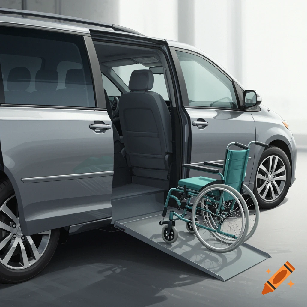 A grey minivan with a sliding door open and a ramp extended, with a teal wheelchair on the ramp.