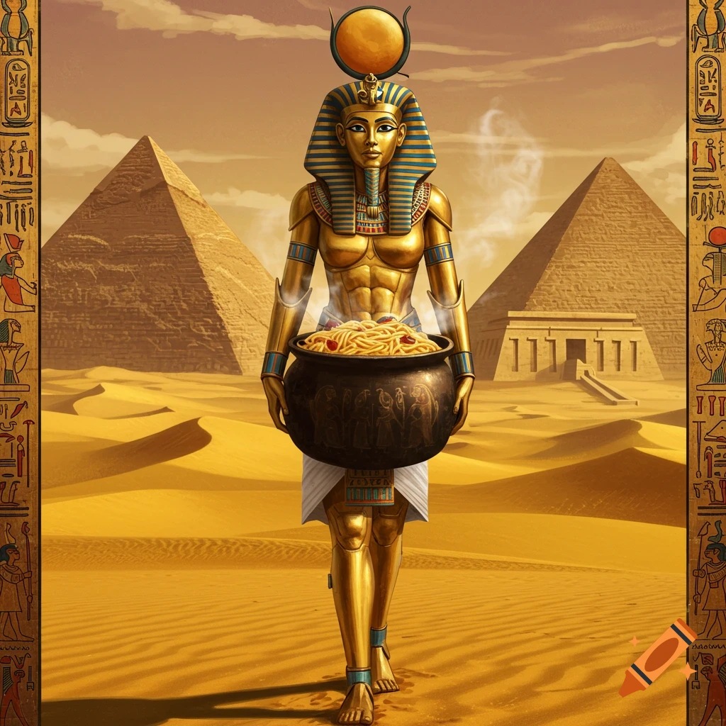 A golden pharaoh-like figure stands in a desert, holding a pot of pasta, with pyramids in the background.
