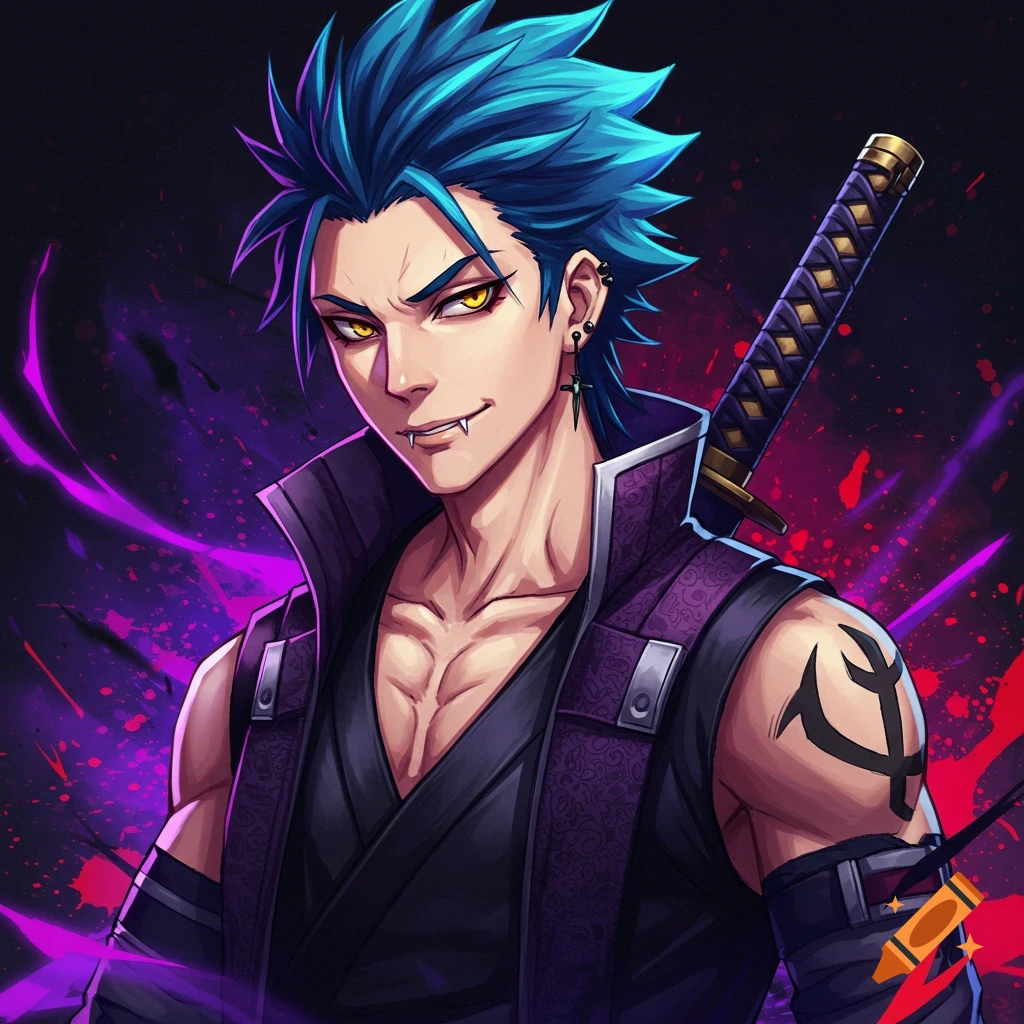 Anime portrait of a muscular man with blue spiky hair, fangs, and a sword.