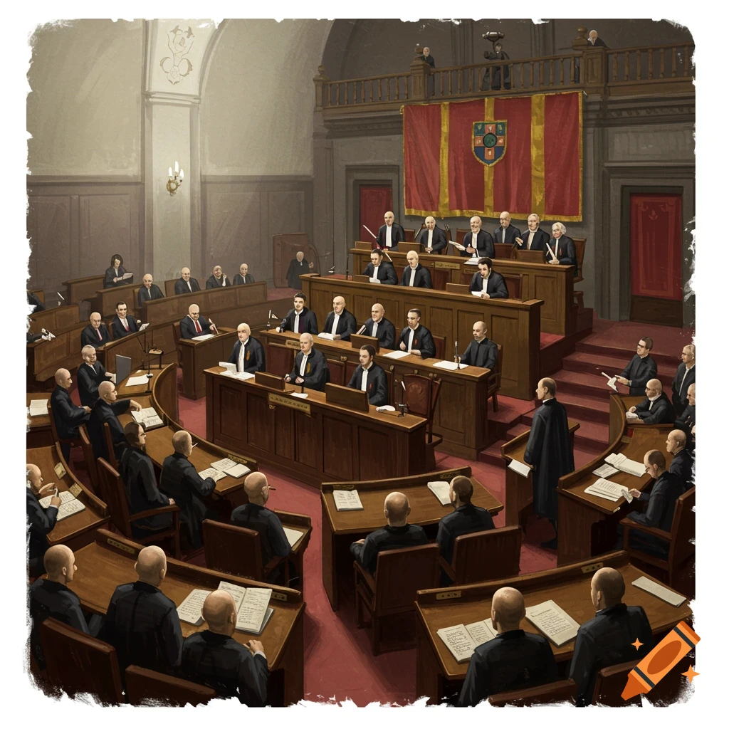 A large group of men in formal attire in a legislative assembly room.