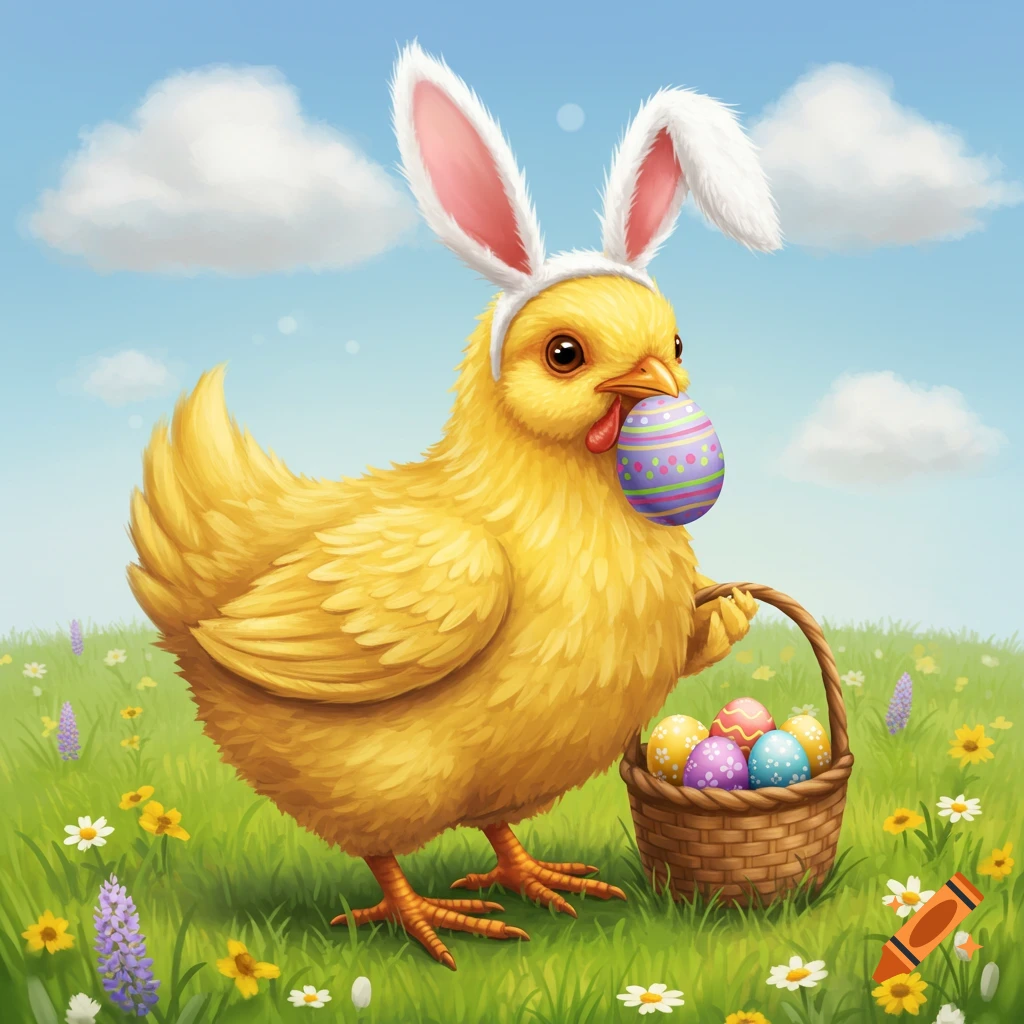 A yellow chick wearing bunny ears, holding an Easter egg, and carrying a basket of eggs in a grassy field.