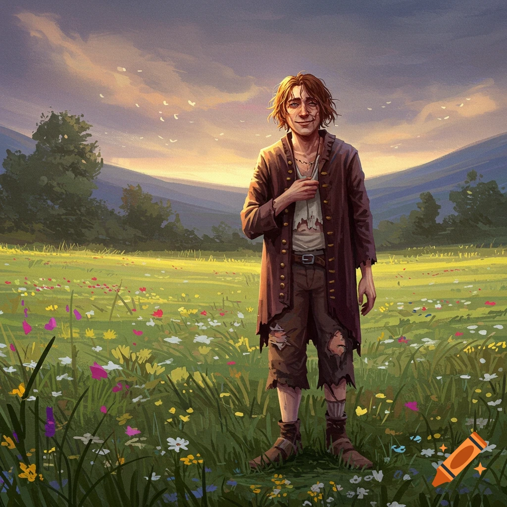 A man in ragged clothes stands in a field of wildflowers under a sunset sky.
