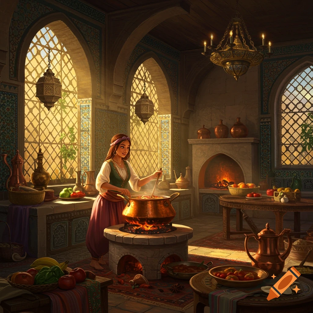 A woman cooking in a fantasy Middle Eastern palace kitchen.