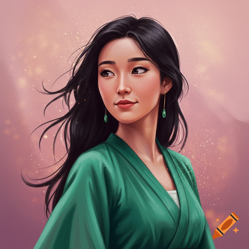 A woman with long black hair wearing a green garment and earrings, looking away.