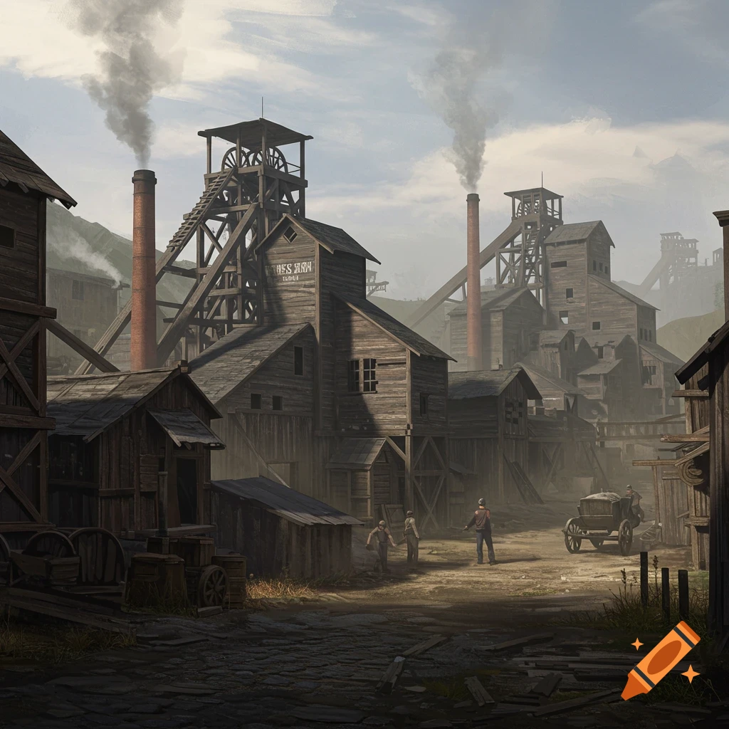 A dusty old coal mine town with wooden buildings, smoke stacks, people, and a carriage.