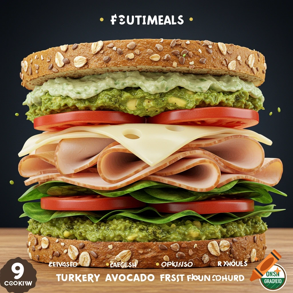 A detailed, hyper-realistic image of a stacked turkey and avocado sandwich on seeded bread, styled like a collectible game card.