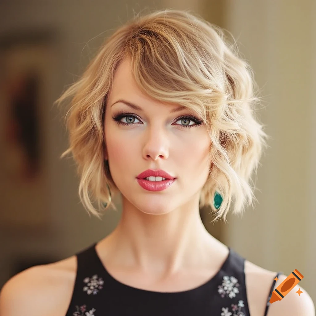 Photorealistic portrait of Taylor Swift with a short haircut, black top, and green earrings.