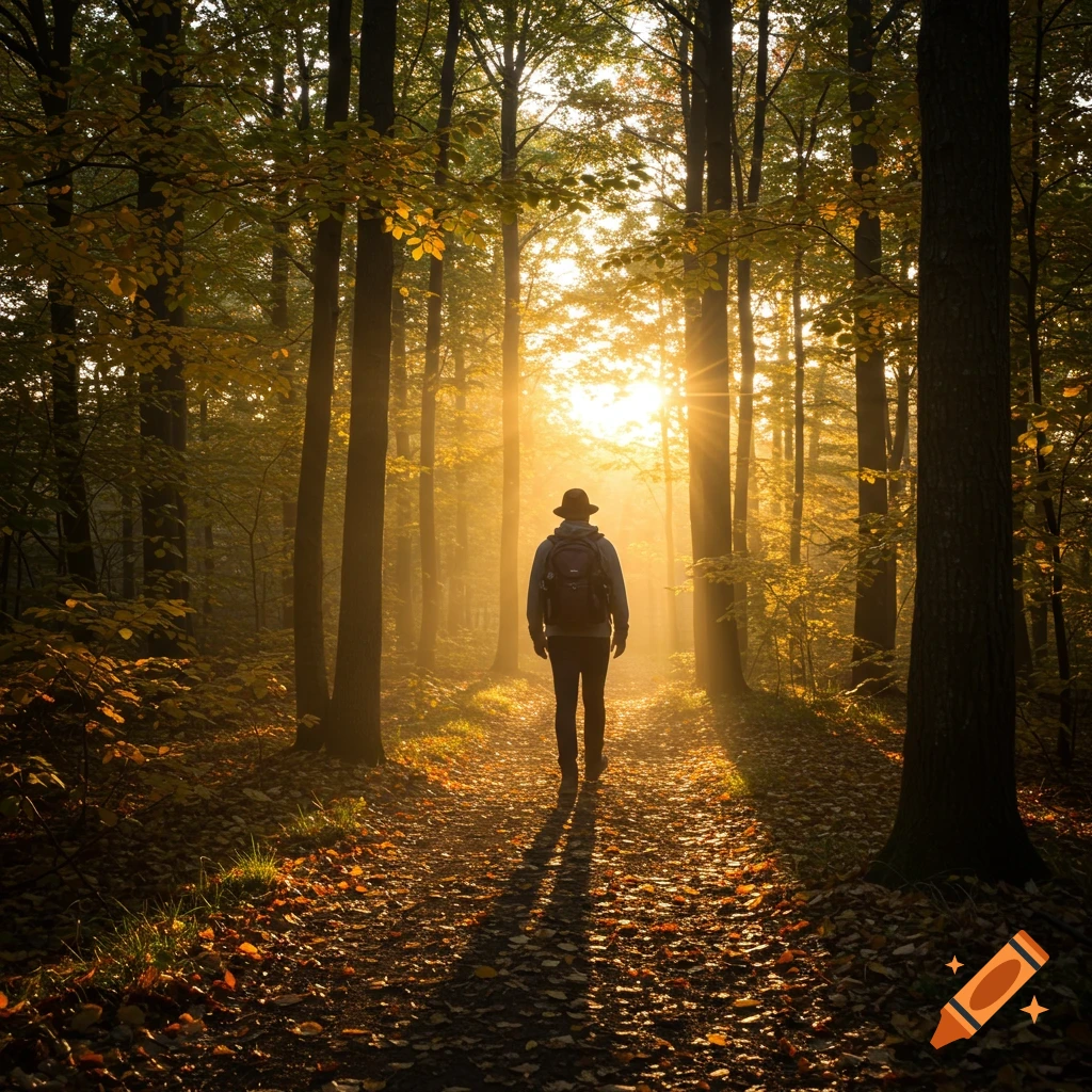A person with a hat and backpack walks on a forest path bathed in golden sunlight.