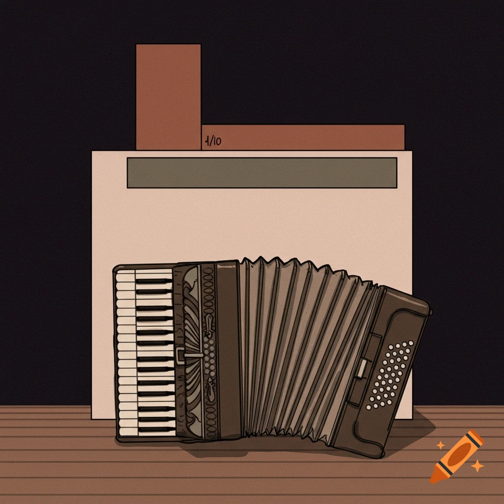 An accordion rests on a wooden floor, accompanied by abstract shapes labeled 1/10 positioned above it.