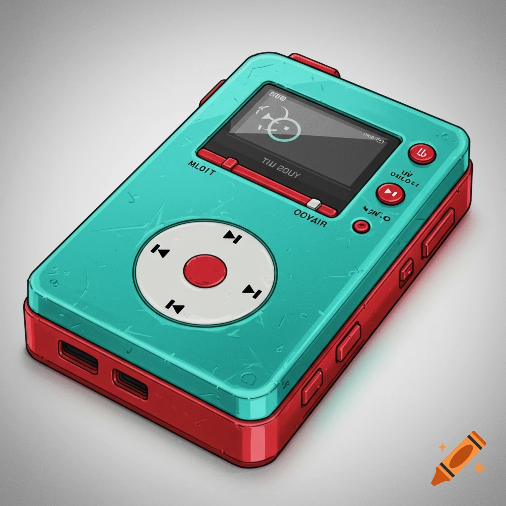 Teal and red music player with a screen and control buttons.